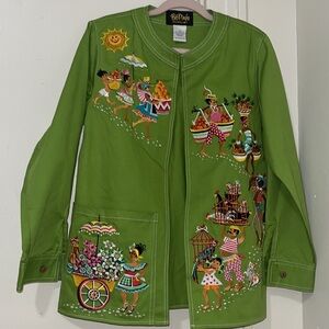 Bob Mackie  Green Cotton Denimlike  rare Open  embroidered Cardigan Jacket
